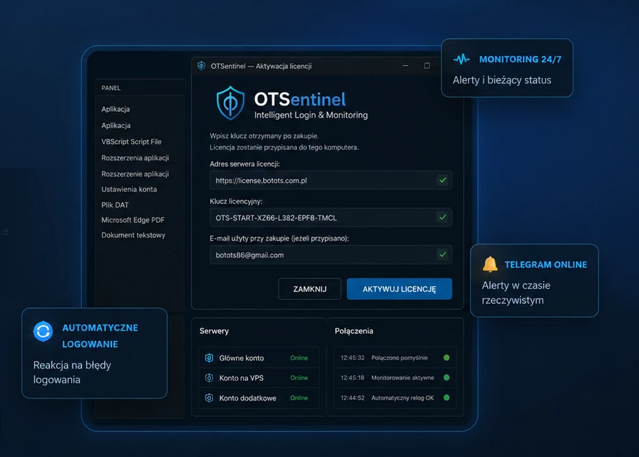 Panel aplikacji OTSentinel i monitoring kont